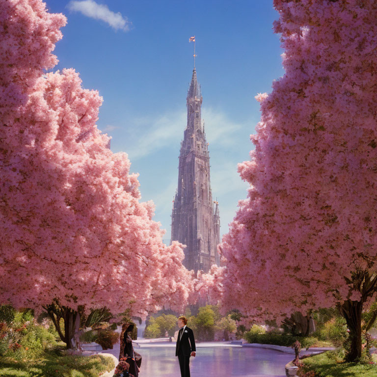 Formal couple by cherry blossoms and gothic spire near waterway