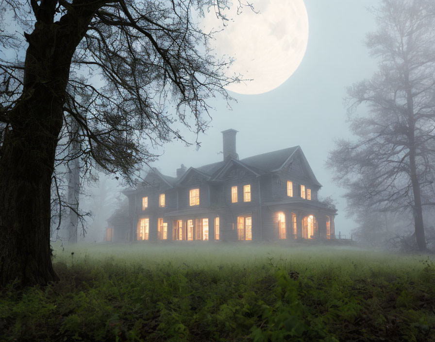 Spooky two-story house at dusk with mist and full moon