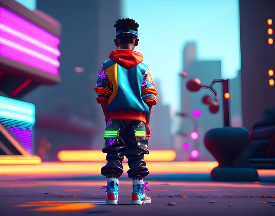 Digital character with afro in colorful streetwear against neon cityscape