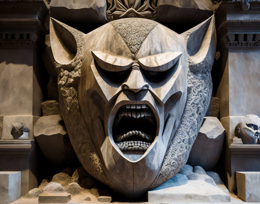 Menacing Stone Creature Head Sculpture with Sharp Fangs and Fierce Eyes