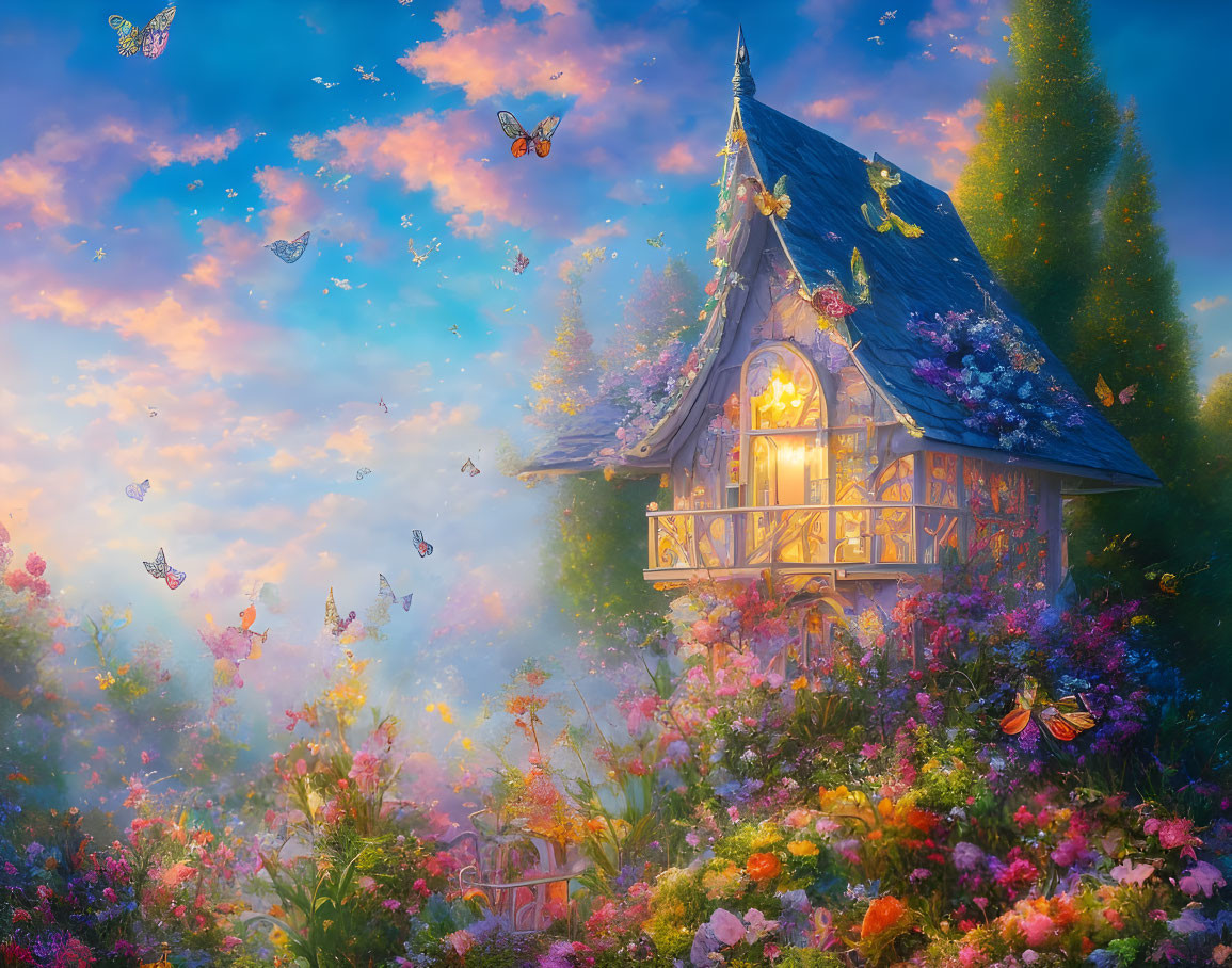 Charming Cottage in Flower-Filled Garden at Dusk