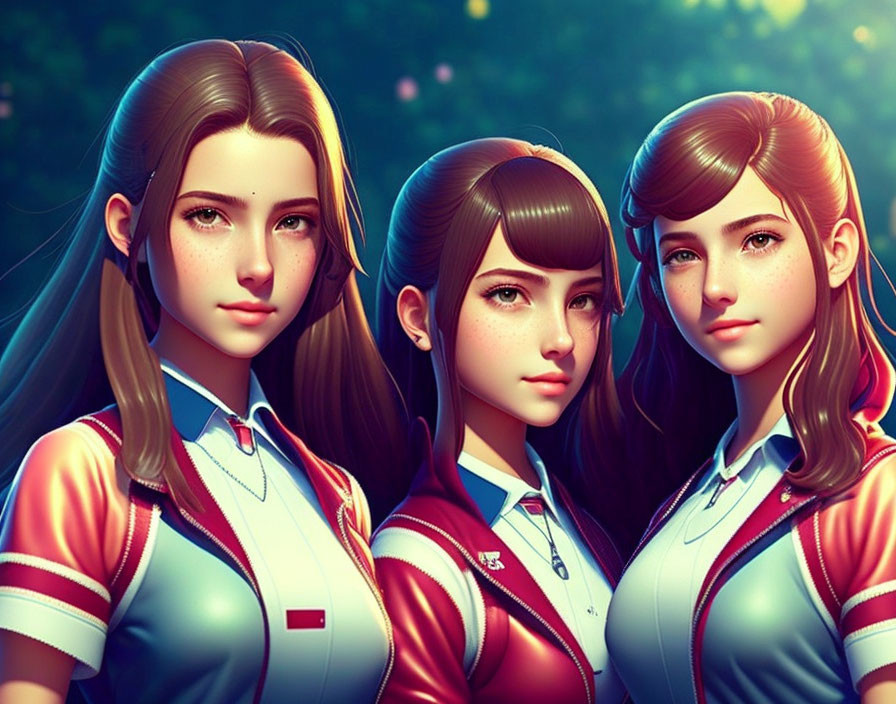 Three animated female characters in red and blue uniforms with detailed facial features on a blurred green background