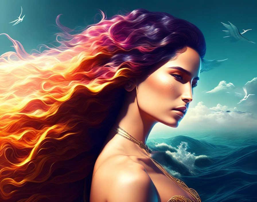 Woman with fiery flowing hair in vibrant oceanic background with birds