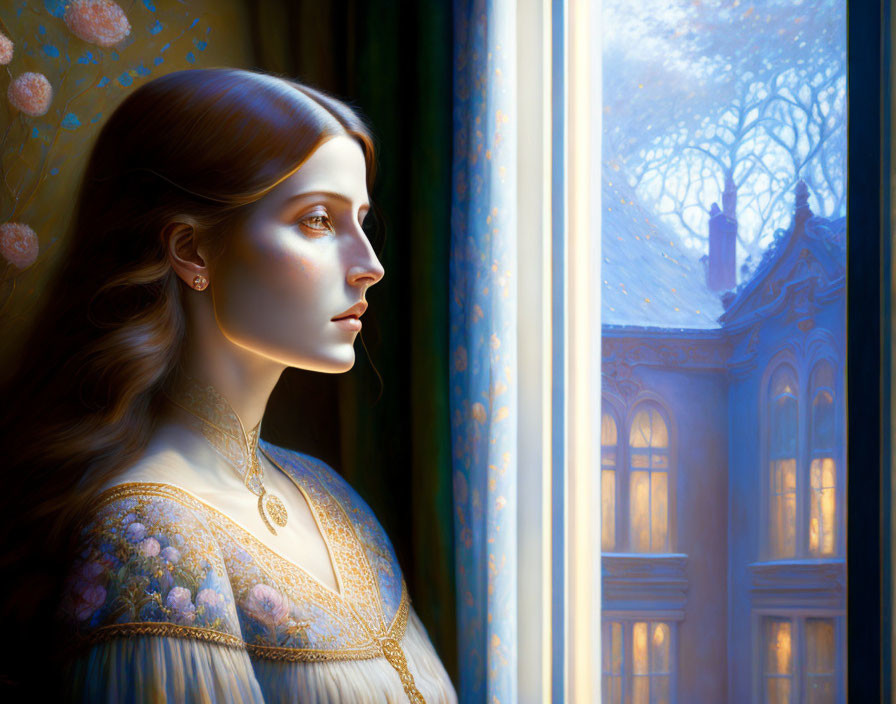 Woman with flowing hair gazes out frosty window in warm glow.