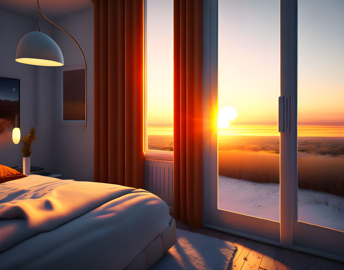 Tranquil sunrise bedroom with beach view