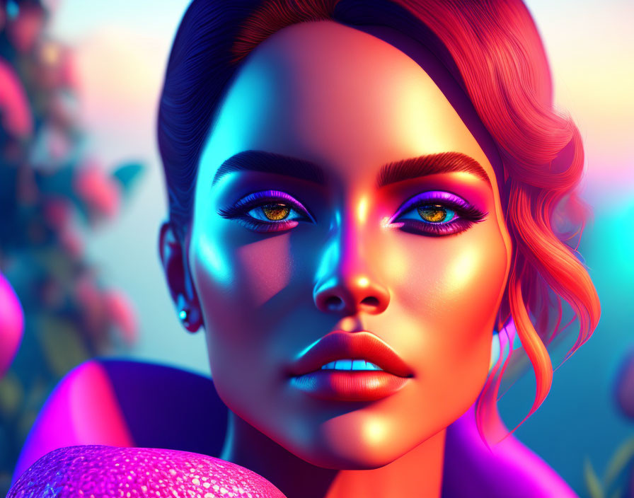 Colorful digital portrait of a woman with striking makeup and glowing skin against floral backdrop