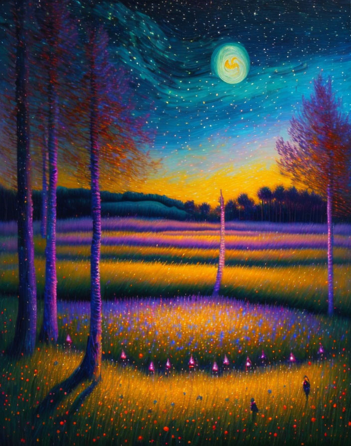 Majestic nightscape painting with moon, stars, trees, and glowing lights