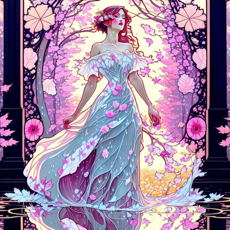 Illustrated woman with red hair in blue dress surrounded by floral backdrop