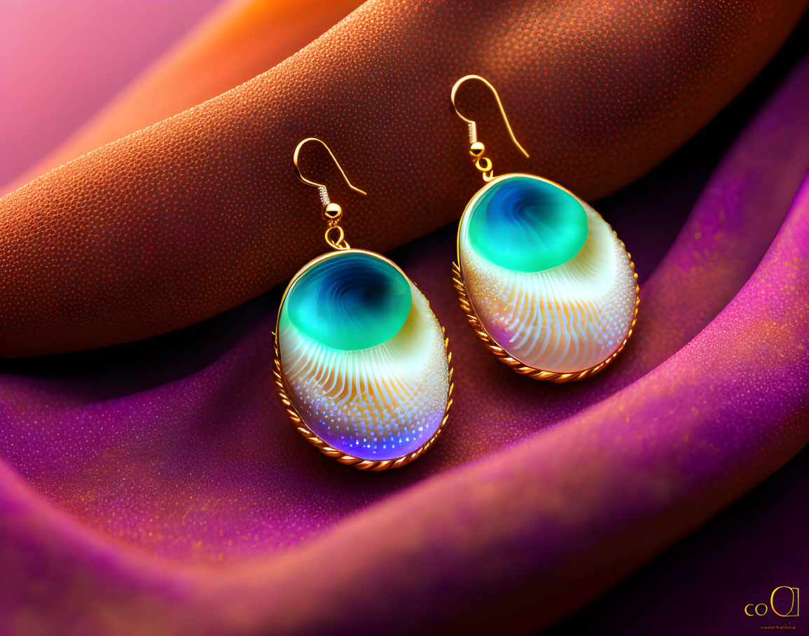 Peacock Feather-Inspired Earrings on Purple and Orange Fabric