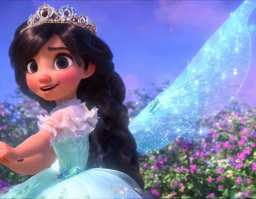 Dark-haired girl in tiara and blue dress with glowing wing among flowers under purple sky