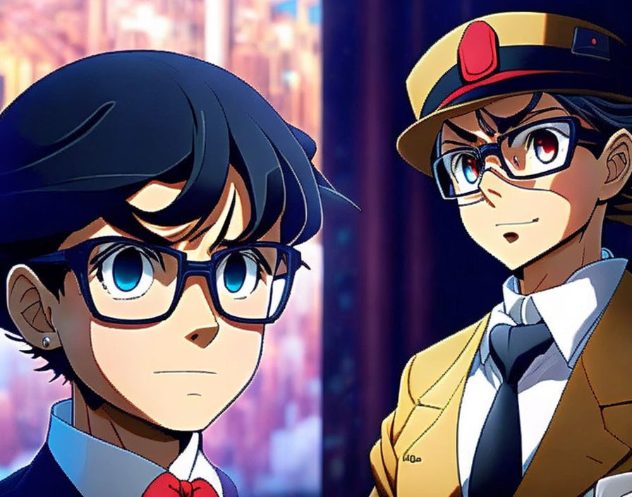 Animated characters: one in suit with black hair and glasses, the other in cap and jacket with goggles