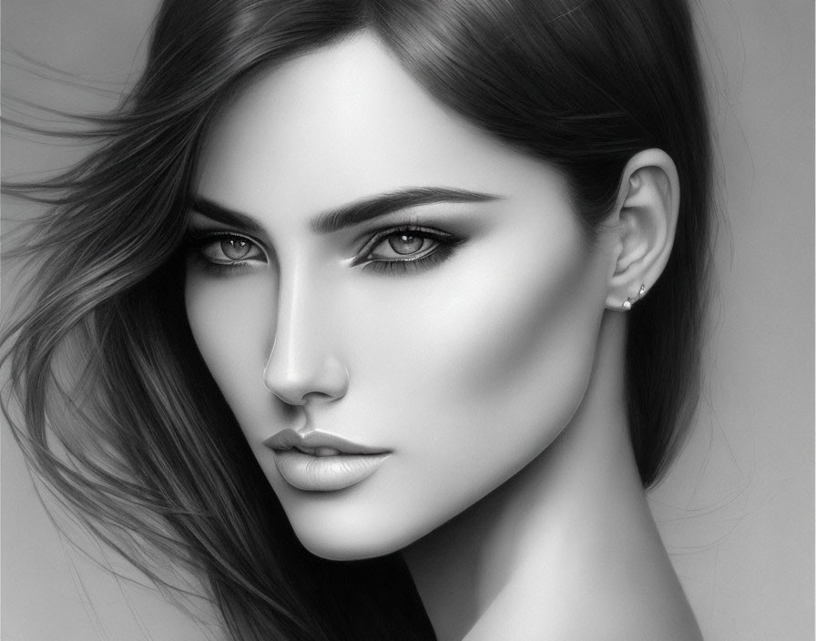 Monochrome digital portrait of a woman with captivating eyes and flowing hair