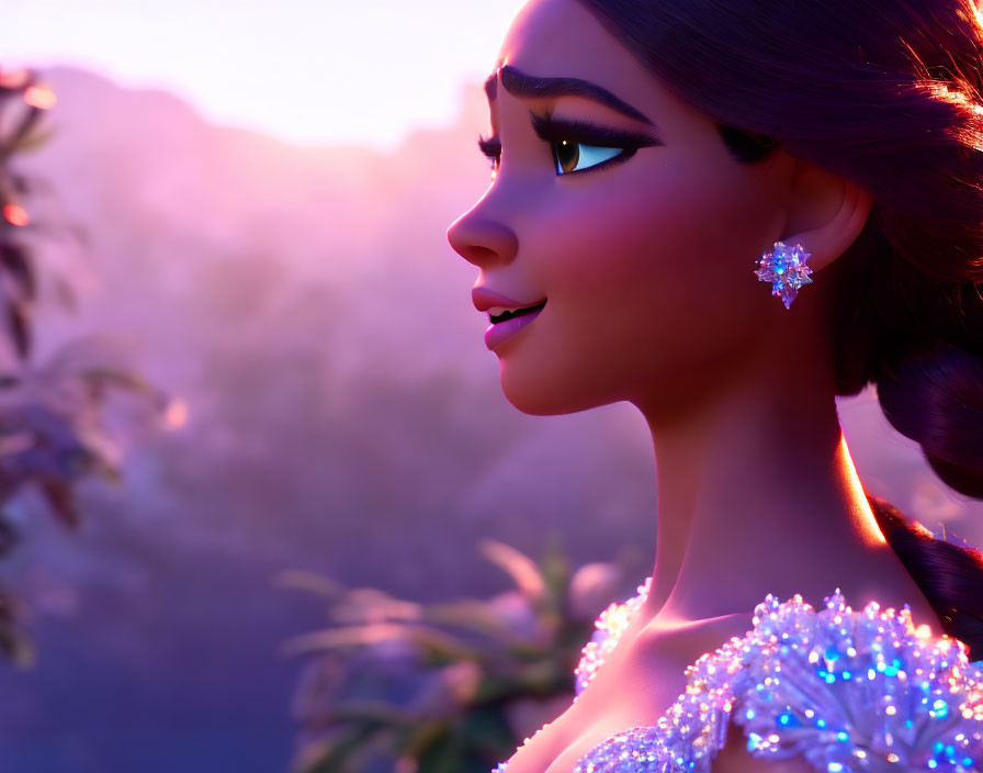 Close-up of animated female character with sparkling earrings and embellished dress on purple backdrop.