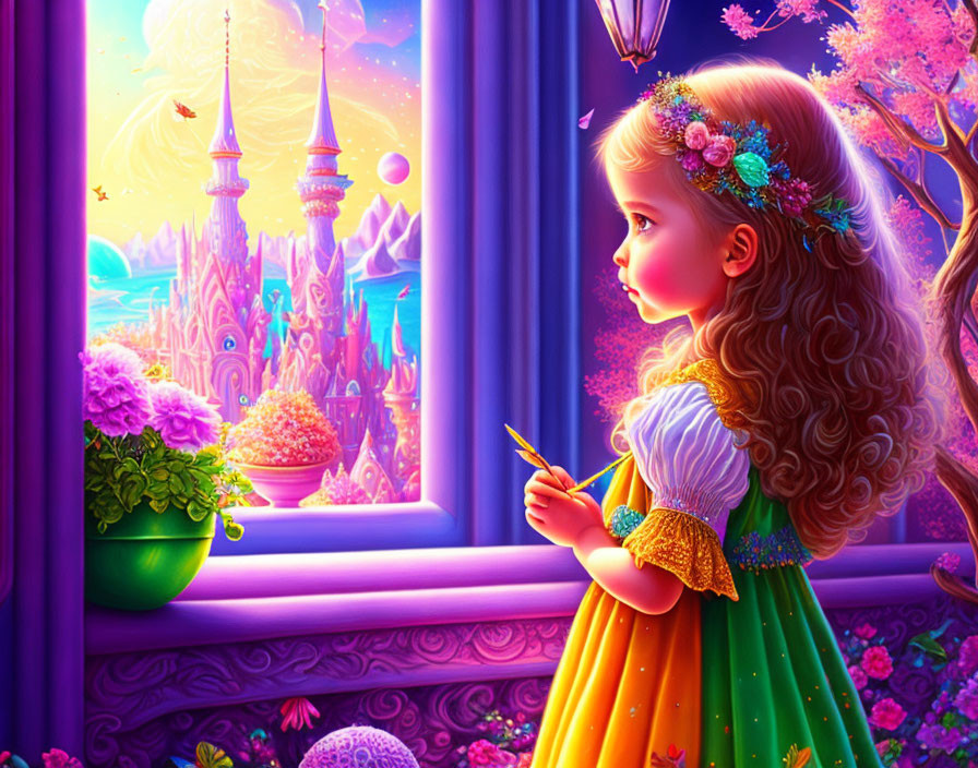 Young girl in floral headband looking at fantastical landscape with colorful trees and castle.