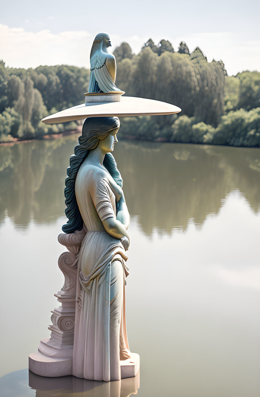 Woman statue with bird, lake, greenery, clear sky