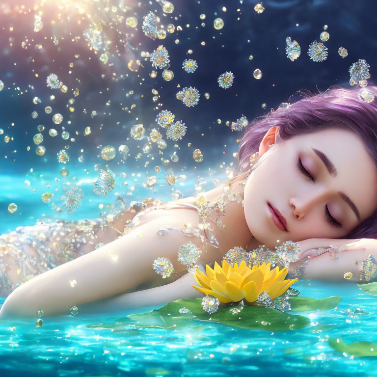 Woman resting in water with floating flowers and a yellow lotus.