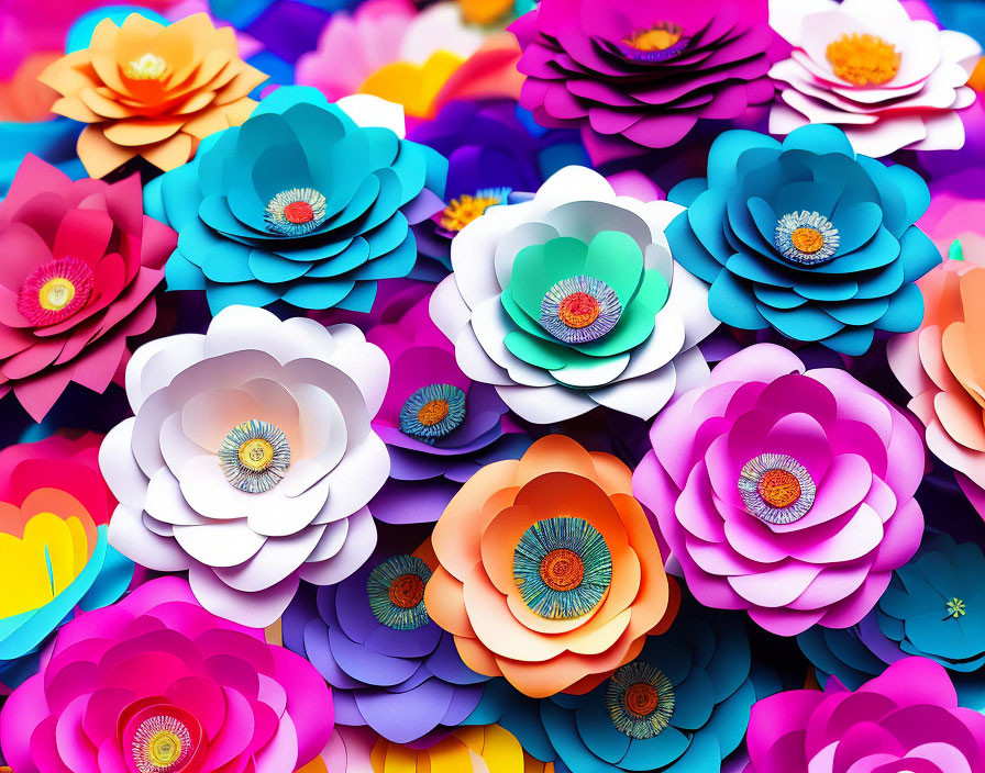 Colorful Layered Paper Flowers in Pink, Blue, Orange, and Purple