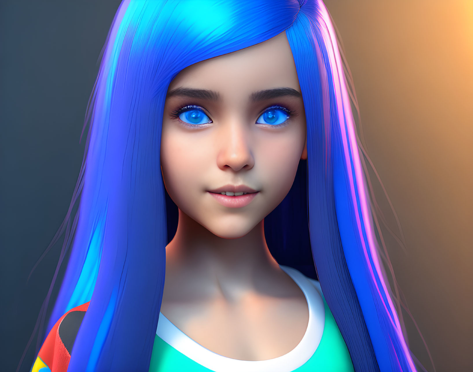 Vibrant blue hair and eyes in 3D rendering with warm and cool lights