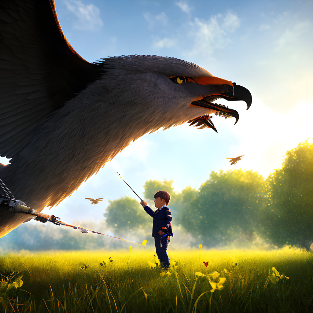 Young boy trains giant eagle in fantasy setting with butterflies in sunny field