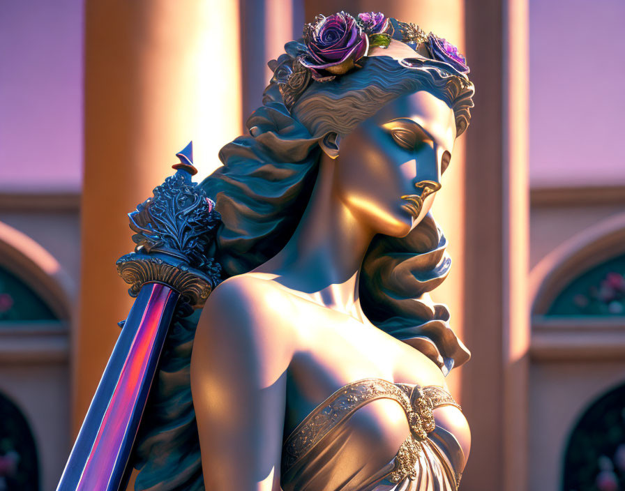 Classical Female Statue with Intricate Headdress and Sword in 3D Rendered Scene