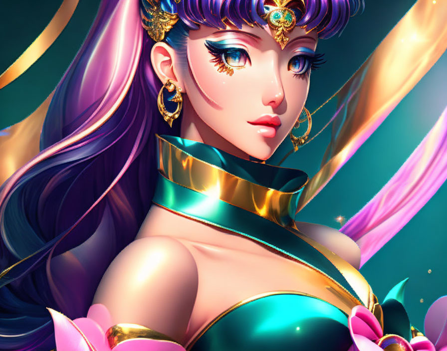 Vibrant illustration of stylized female character with gold accessories and blue hair