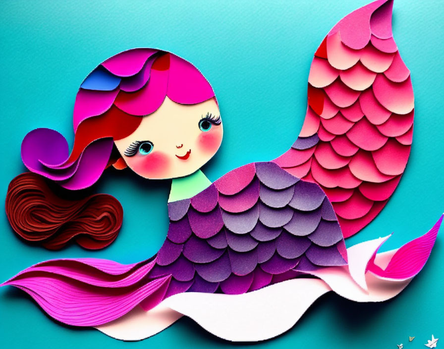 Vibrant paper art of smiling mermaid with pink and purple scales on teal background