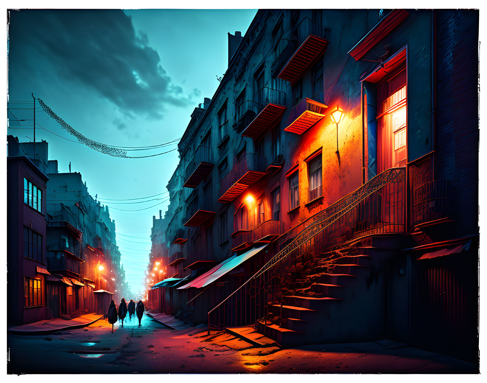 Twilight urban scene with silhouetted figures and vibrant hues