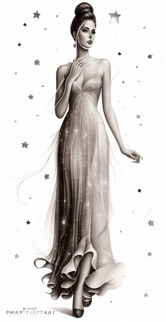 Monochrome illustration of woman in starry gown with chic updo