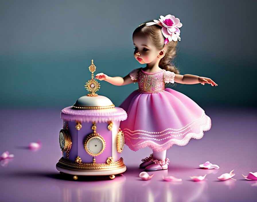 Pink dress doll and floral headband near purple carousel music box on scattered petals.