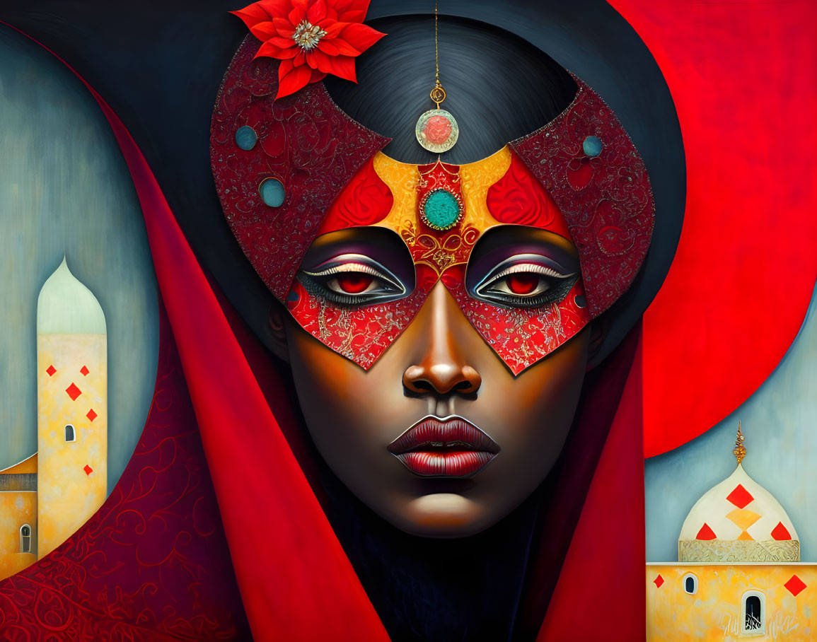 Stylized portrait of woman with red headwear against architectural domes