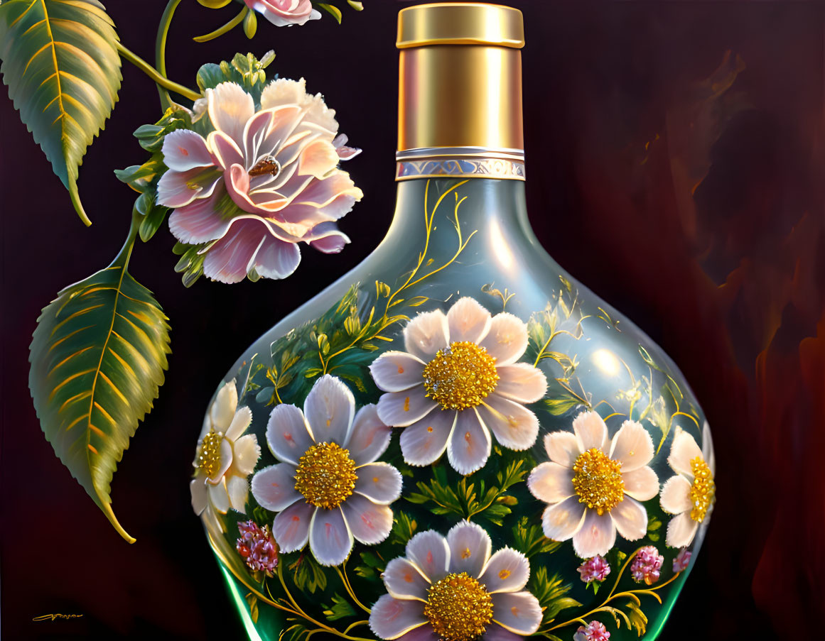 Ornate perfume bottle with gold cap and floral design on dark background