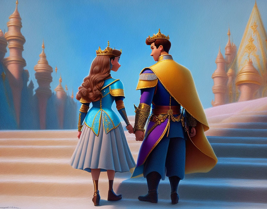 Royal prince and princess in elegant attire with castle backdrop