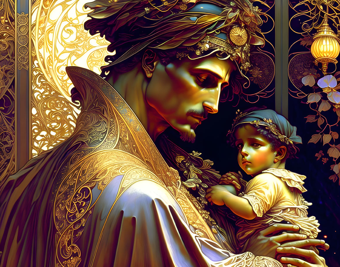 Detailed illustration of regal figure with child in ornate attire and gold patterns.