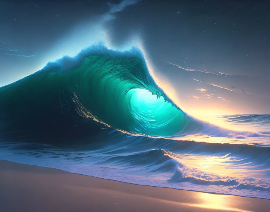 Turquoise Wave Against Sunset Sky with Stars