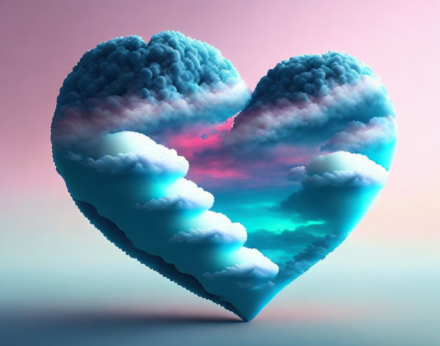 Heart-shaped fluffy clouds on pink and blue sky gradient