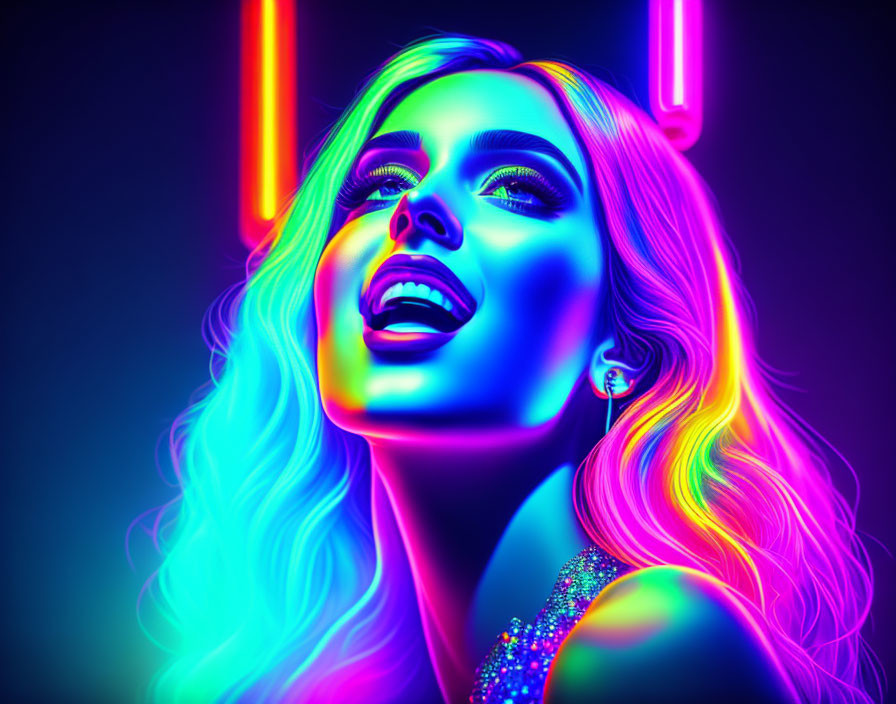 Colorful portrait of smiling woman with neon glow on dark background