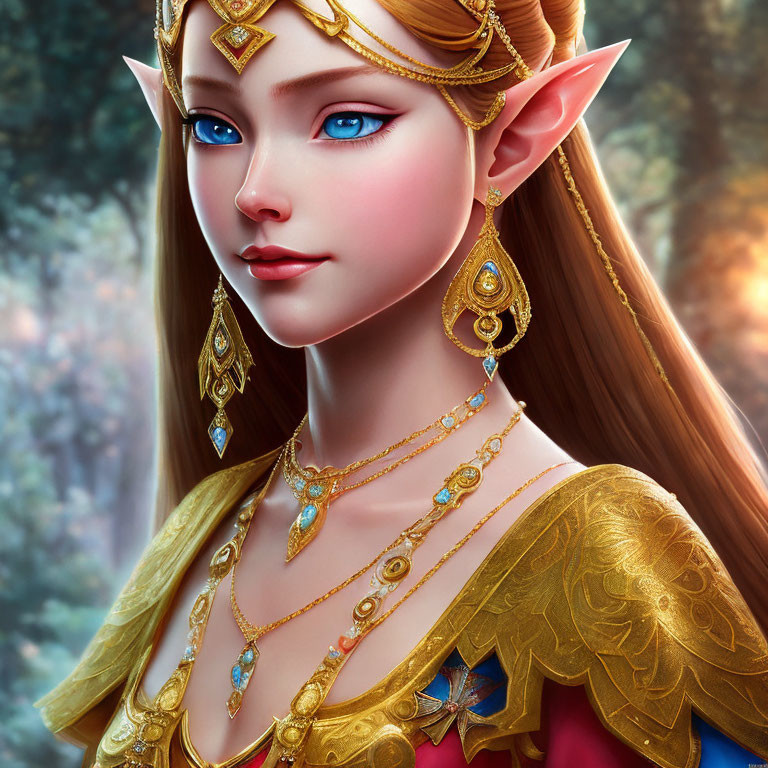 Elf digital artwork: Blue-eyed elf with pointed ears and golden jewelry on warm, softly lit background