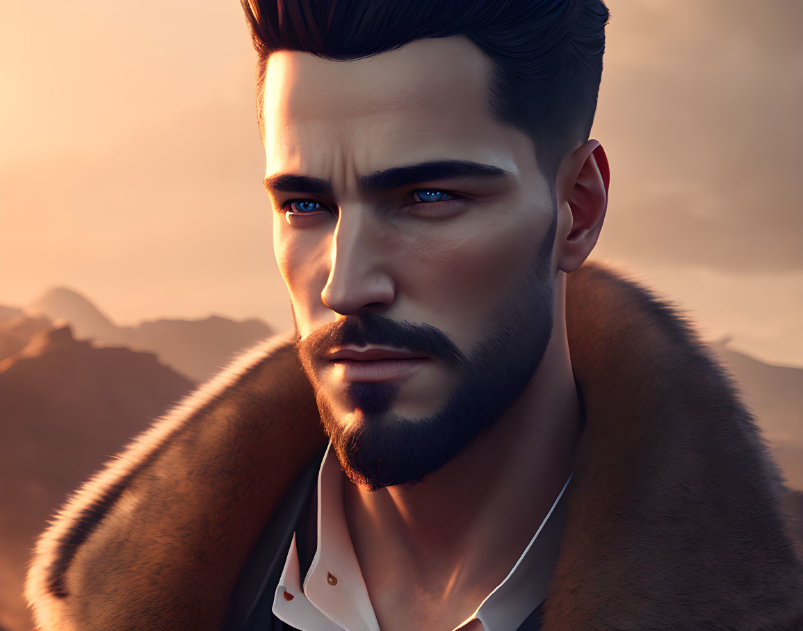 Man with Groomed Beard in Fur-Collared Coat Against Mountain Sunset