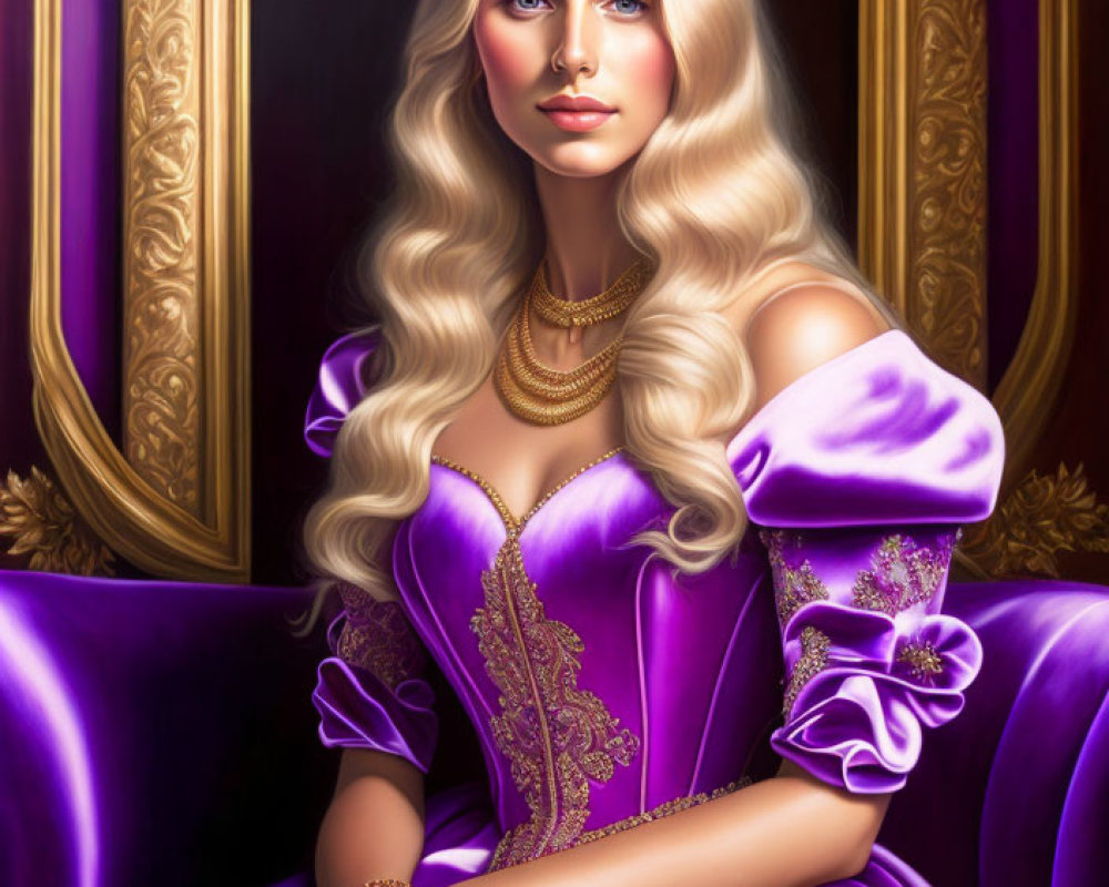 Digital portrait of woman with long blonde hair in purple dress near gilded frame