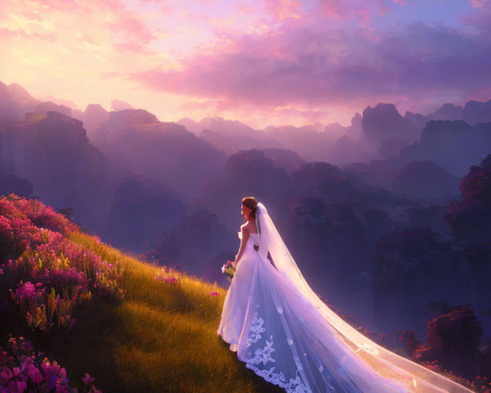 Woman in white gown on hillside with purple flowers and sunrise