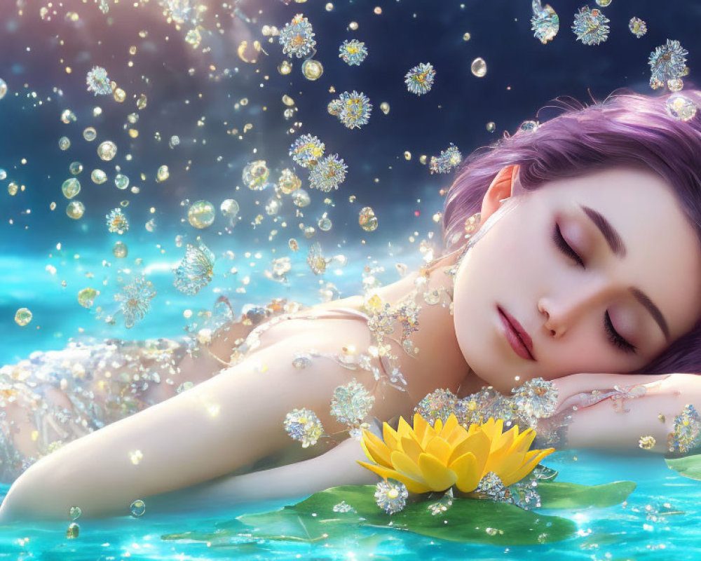 Woman resting in water with floating flowers and a yellow lotus.