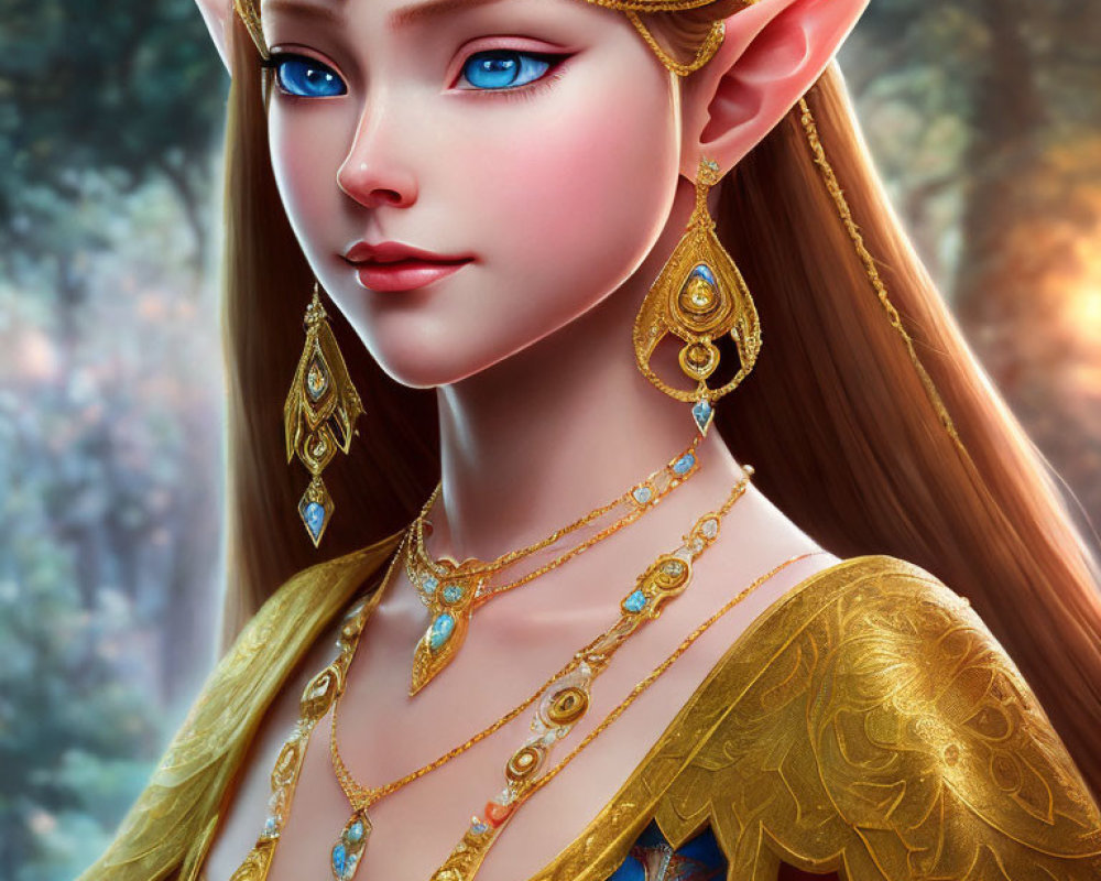 Elf digital artwork: Blue-eyed elf with pointed ears and golden jewelry on warm, softly lit background