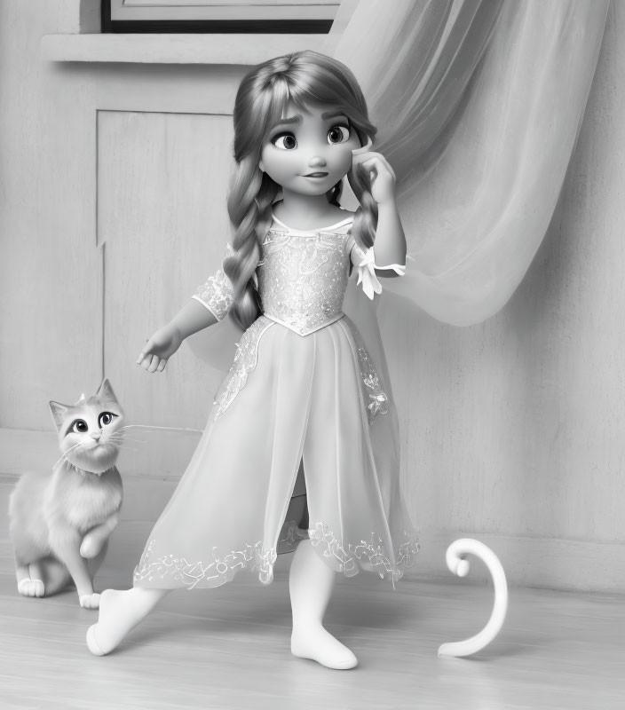 Monochrome 3D image of young girl in elegant dress with contemplative expression, accompanied by cat