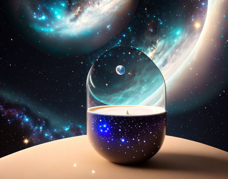 Glowing candle in transparent orb amid cosmic backdrop