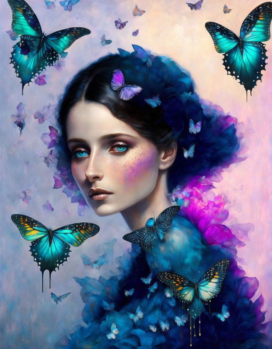 Whimsical portrait with blue butterflies and floral elements