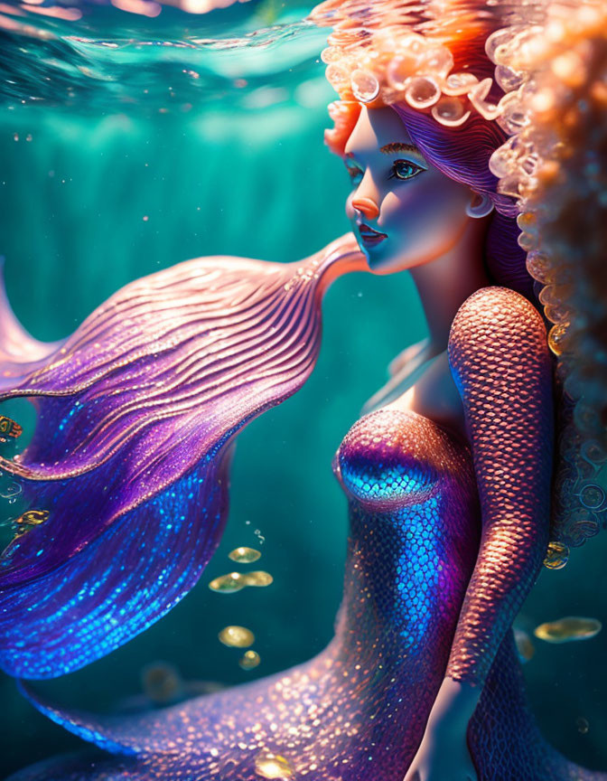 Mermaid illustration with flowing hair and shimmering tail underwater