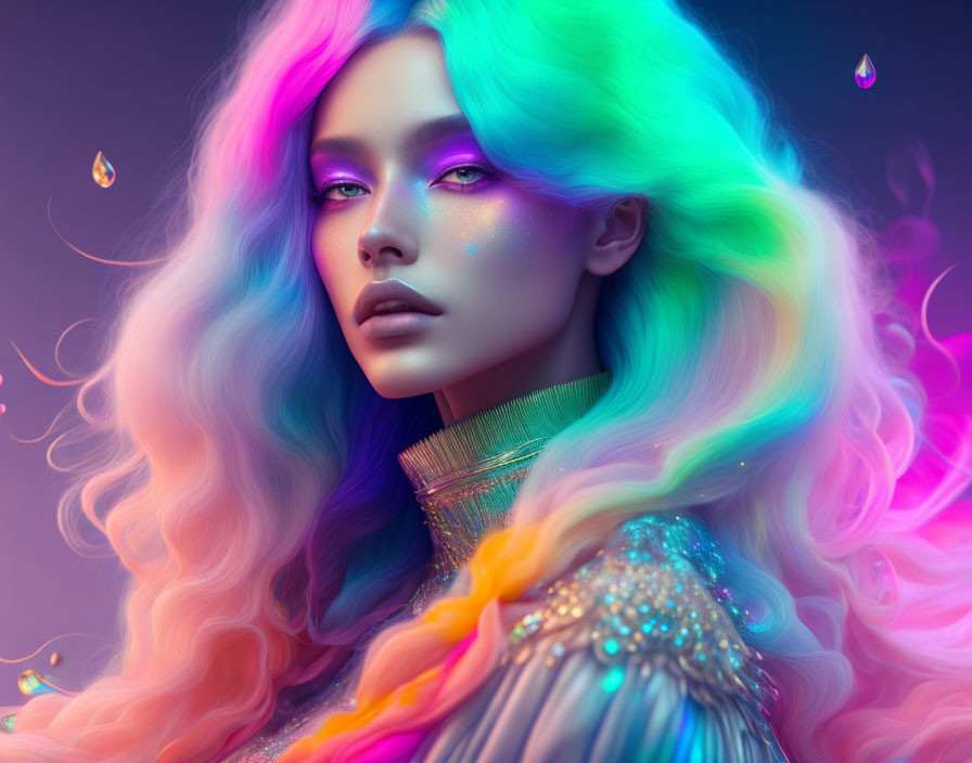 Colorful Fantasy Portrait with Flowing Hair in Pink, Blue, and Purple