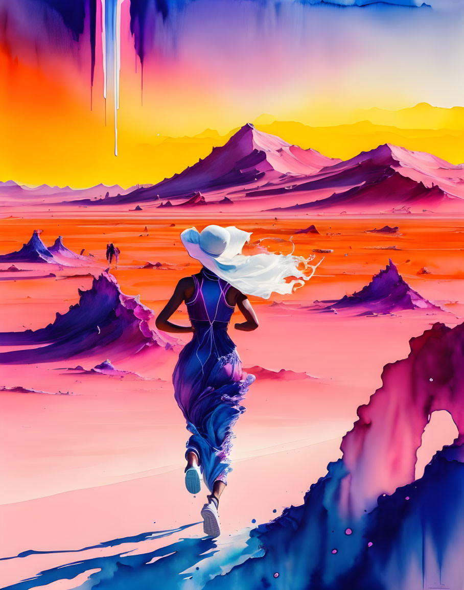 Woman in flowing dress runs through vibrant surreal landscape