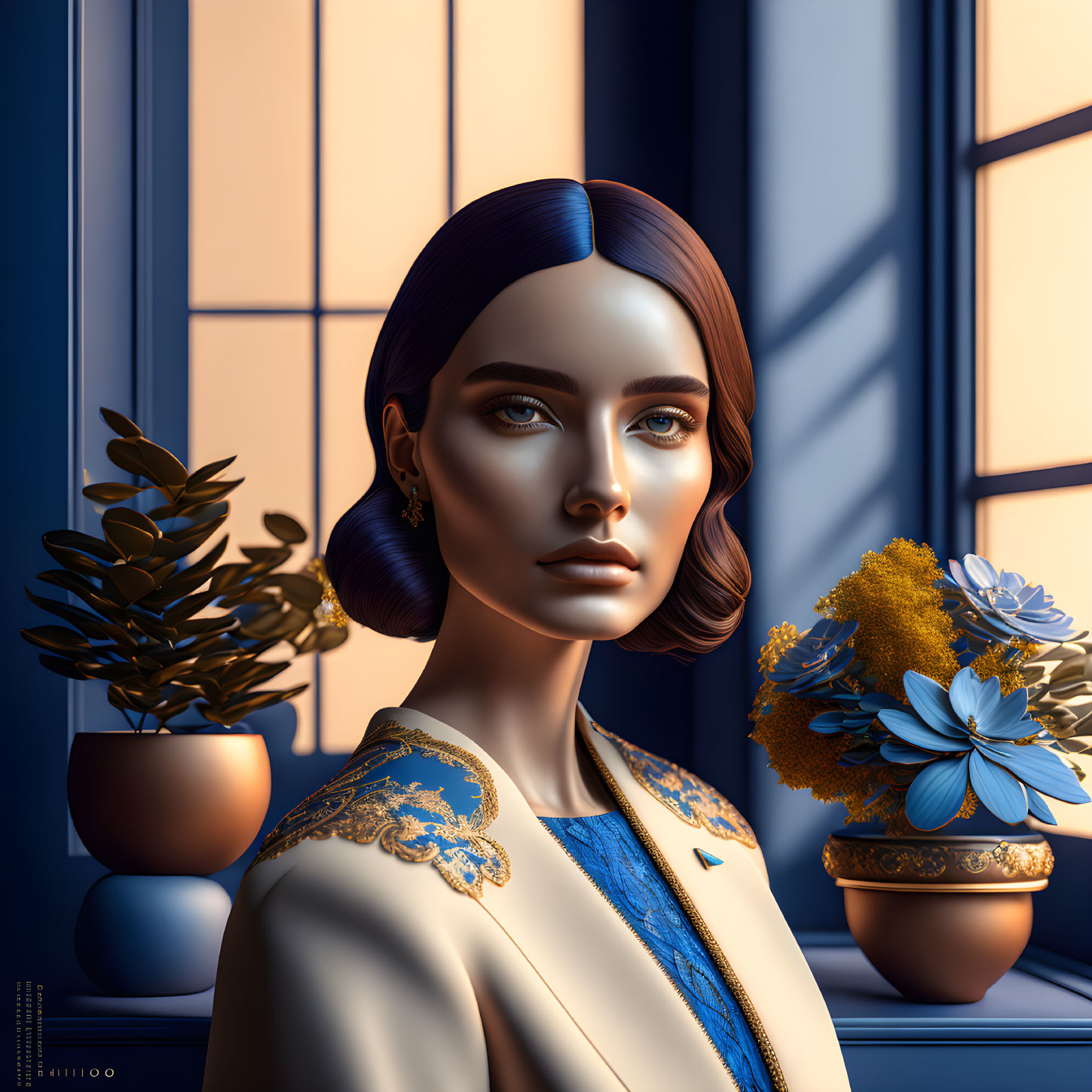 Stylized digital artwork of woman with blue hair in room with blue walls and plants