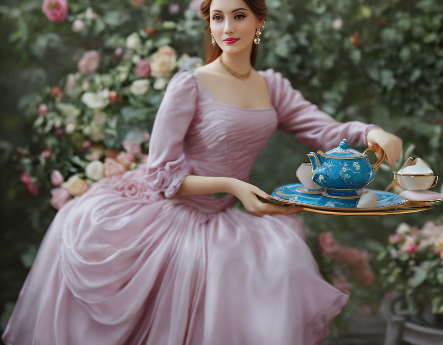 Vintage Pink Dress Woman Holding Blue Teapot Tray in Rose Garden